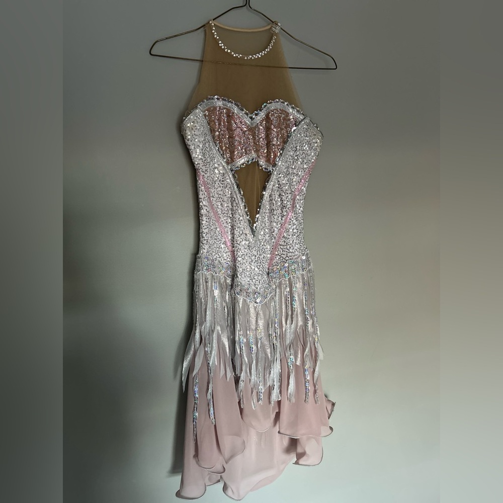 Silver Sequin figure skating Dress with Fringe, gloves +headpiece